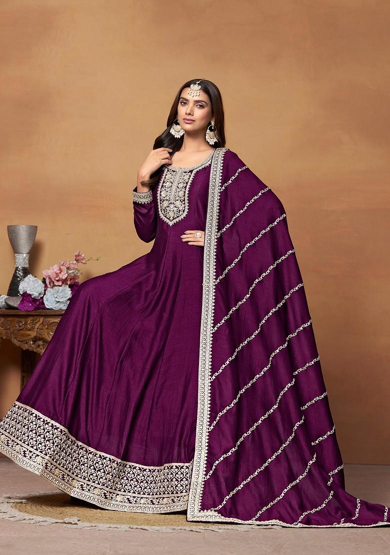 Purple Embroidered Art Silk Anarkali Gown Set