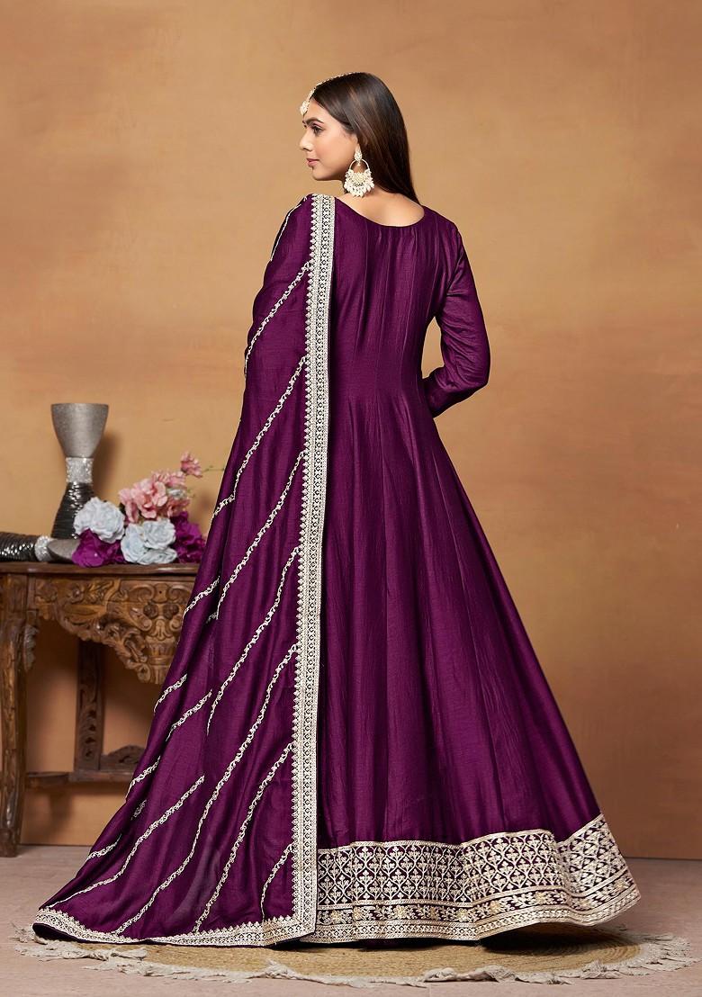 Purple Embroidered Art Silk Anarkali Gown Set