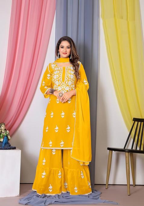 Yellow Thread Embroidered Bamber Georgette Kurta Set