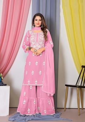Pink Thread Embroidered Bamber Georgette Kurta Set