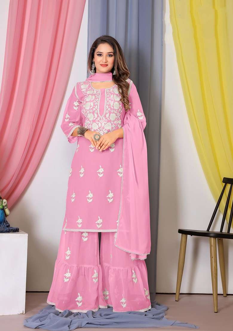Pink Thread Embroidered Bamber Georgette Kurta Set - Indya