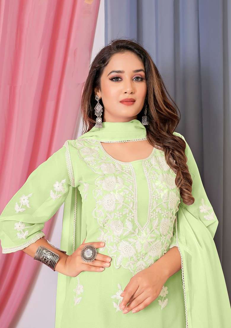 Pista Green Thread Embroidered Bamber Georgette Kurta Set - Indya