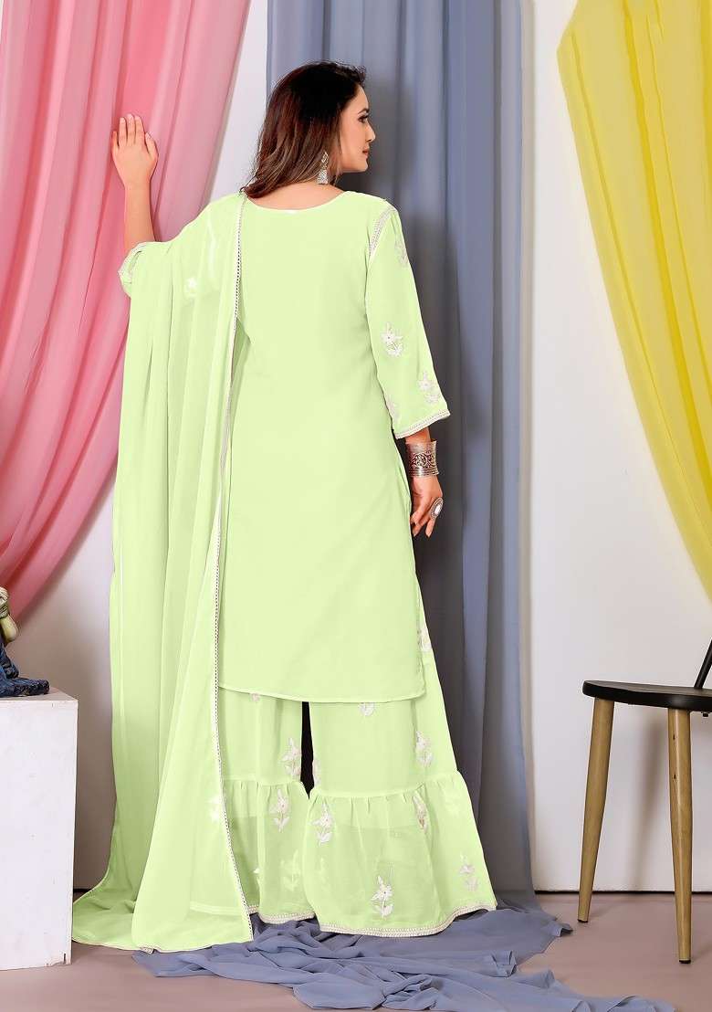 Pista Green Thread Embroidered Bamber Georgette Kurta Set - Indya