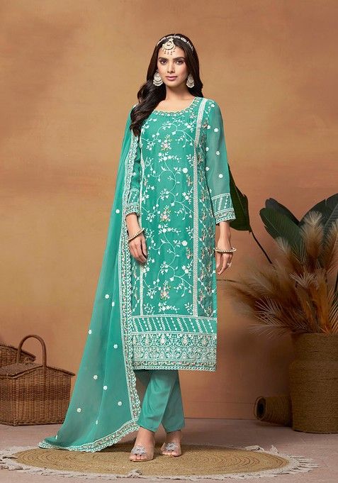 Sea Green Embroidered Organza Kurta Set