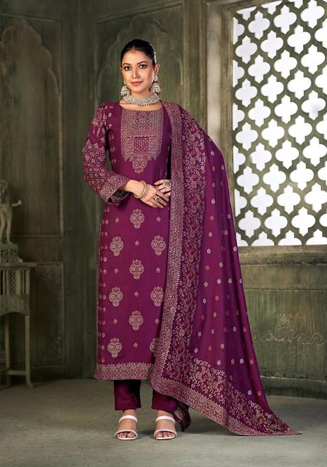 Wine Embroidered Viscose Pashmina Kurta Set