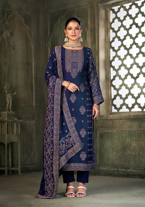 Blue Embroidered Viscose Pashmina Kurta Set