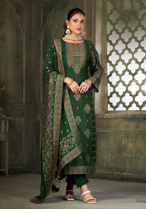 Green Embroidered Viscose Pashmina Kurta Set