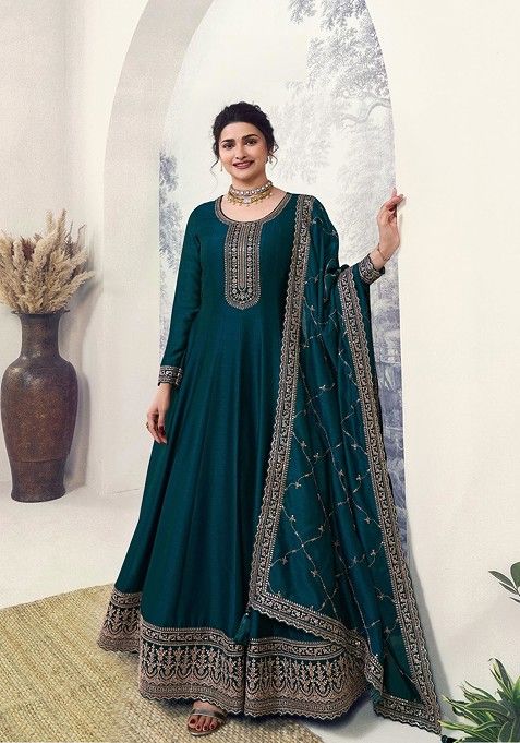 Rama Blue Embroidered Silk Georgette Anarkali Gown Set