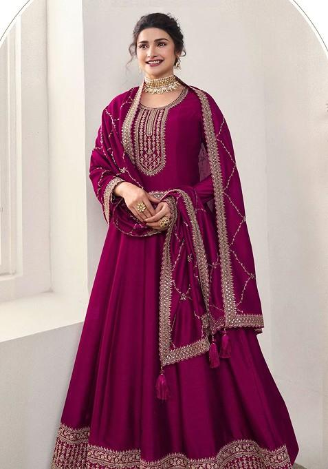 Pink Embroidered Silk Georgette Anarkali Gown Set