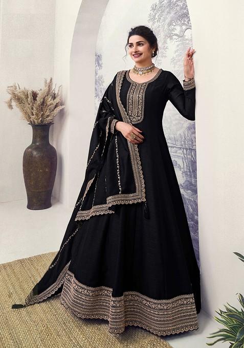 Black Embroidered Silk Georgette Anarkali Gown Set