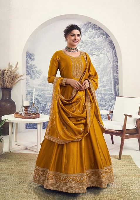 Yellow Embroidered Silk Georgette Anarkali Gown Set