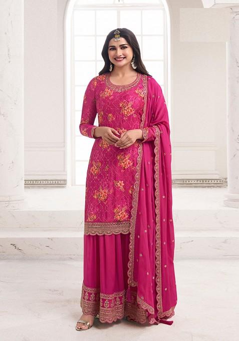 Pink Embroidered Chinon Kurta Set