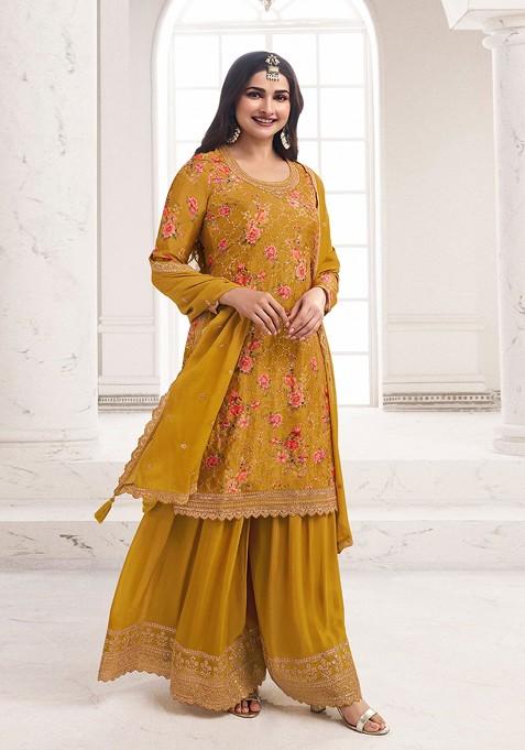 Yellow Embroidered Chinon Kurta Set