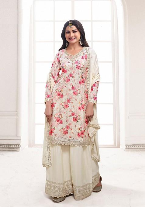 Cream Embroidered Chinon Kurta Set