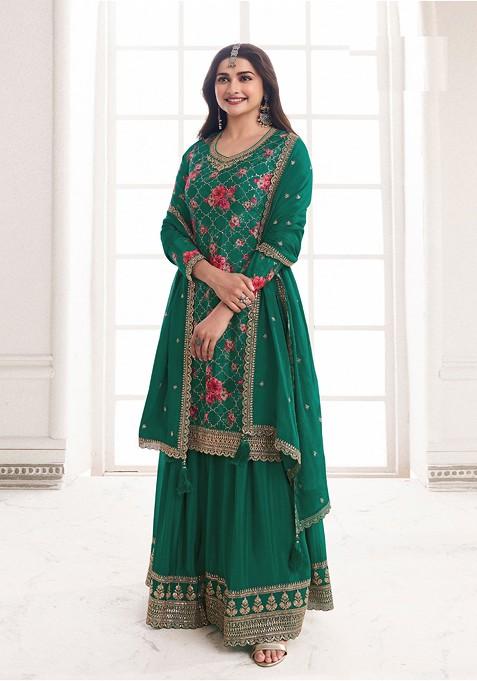 Green Embroidered Chinon Kurta Set