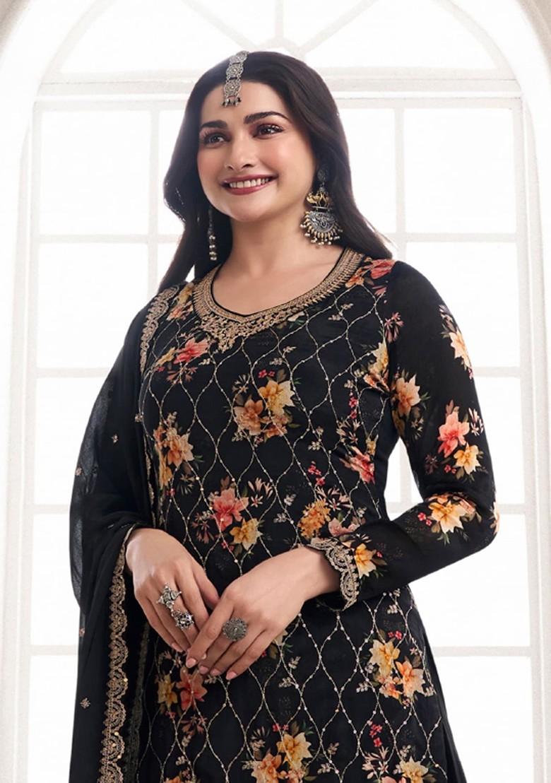 Black Embroidered Chinon Kurta Set - Indya