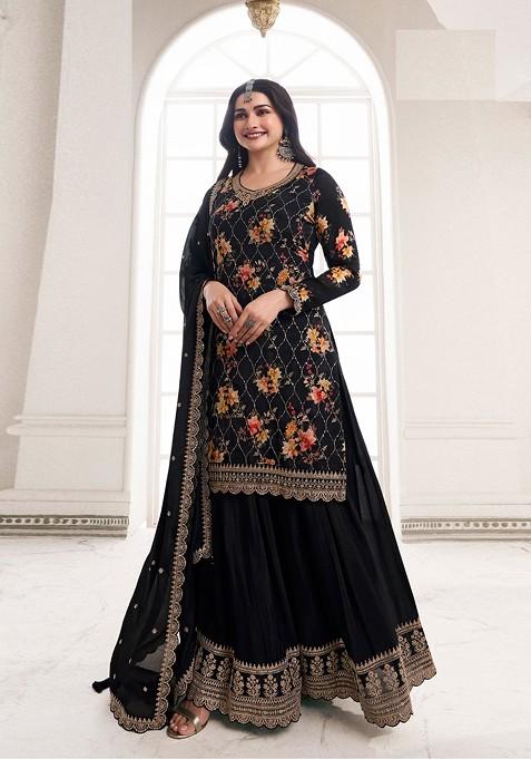 Black Embroidered Chinon Kurta Set