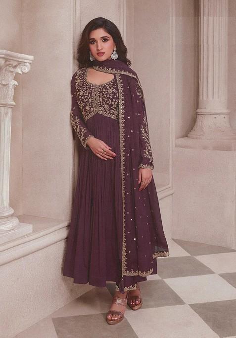 Wine Embroidered Chinon Anarkali Kurta Set