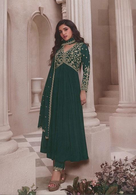 Green Embroidered Chinon Anarkali Kurta Set