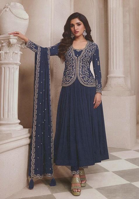 Blue Embroidered Chinon Anarkali Kurta Set