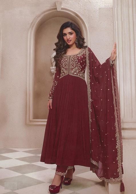 Maroon Embroidered Chinon Anarkali Kurta Set