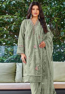 Green Embroidered Georgette Kurta Set