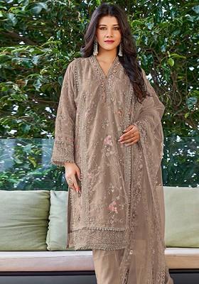 Beige Embroidered Georgette Kurta Set