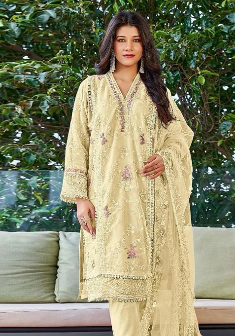 Cream Embroidered Georgette Kurta Set