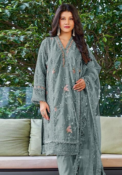 Grey Embroidered Georgette Kurta Set