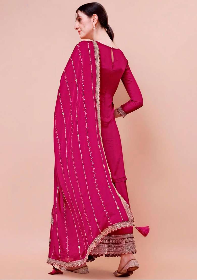 Pink Embroidered Viscose Chinon Kurta Set - Indya