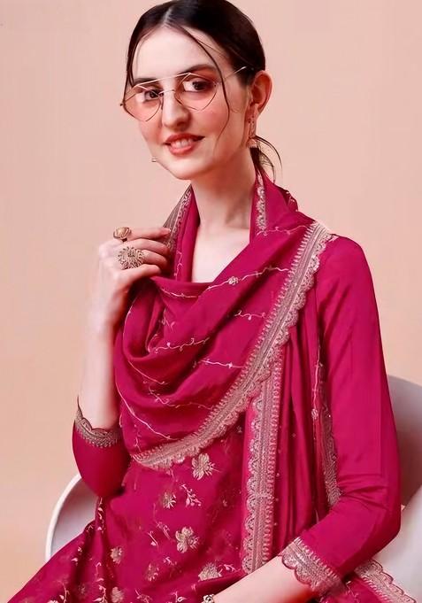 Pink Embroidered Viscose Chinon Kurta Set