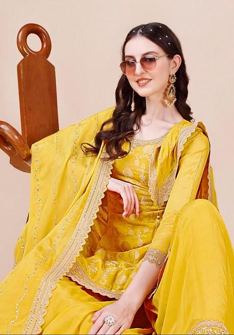 Yellow Embroidered Viscose Chinon Kurta Set