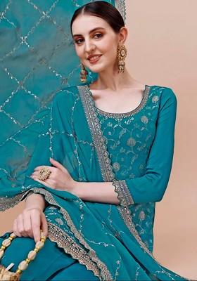 Blue Embroidered Viscose Chinon Kurta Set