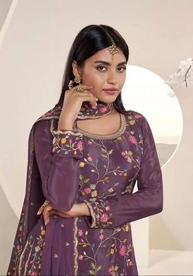 Purple Embroidered Chinon Kurta Set