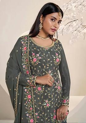 Green Embroidered Chinon Kurta Set