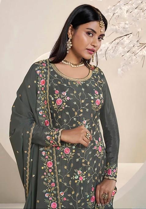Green Embroidered Chinon Kurta Set