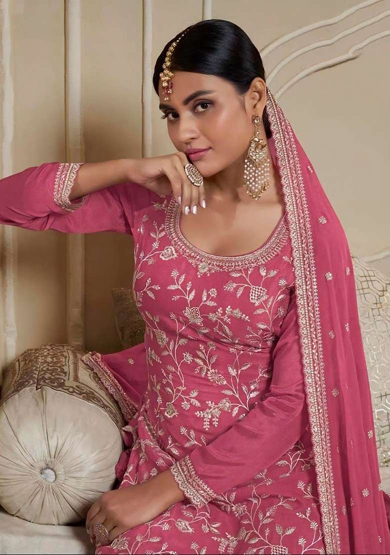 Pink Embroidered Chinon Kurta Set - Indya