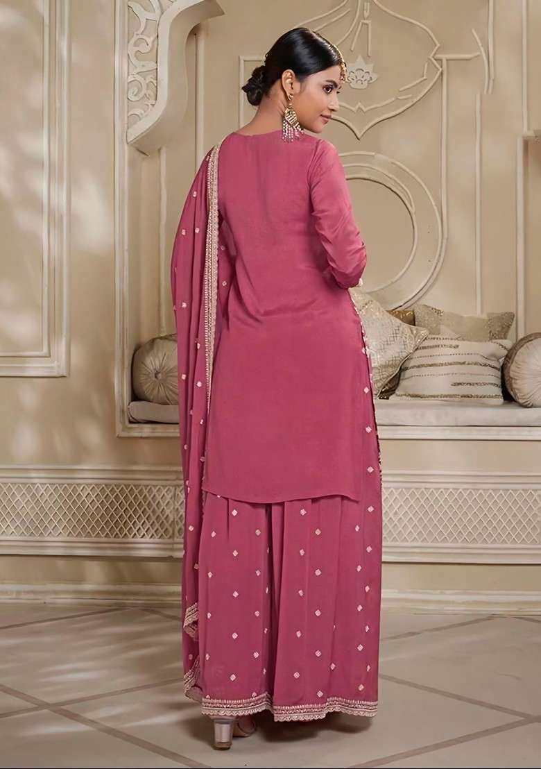 Pink Embroidered Chinon Kurta Set - Indya