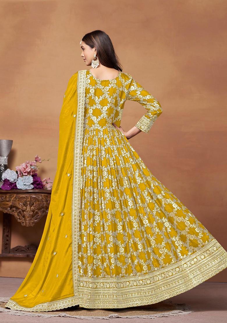 Yellow Embroidered Dola Jacquard Anarkali Gown Set