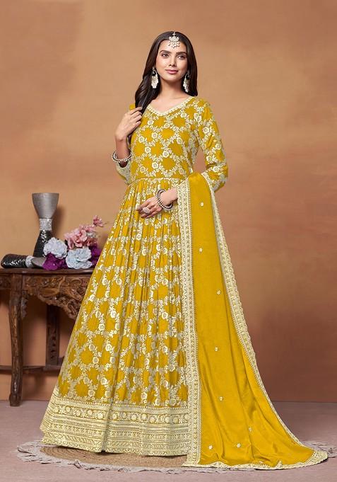 Yellow Embroidered Dola Jacquard Anarkali Gown Set