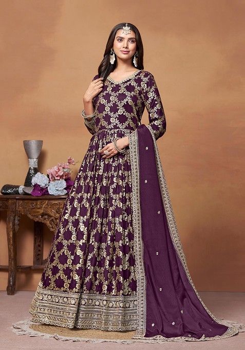 Wine Embroidered Dola Jacquard Anarkali Gown Set