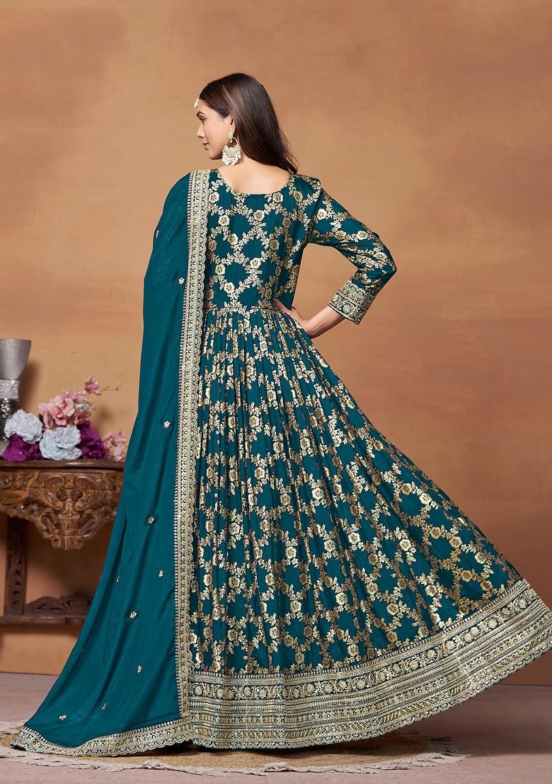 Blue Embroidered Dola Jacquard Anarkali Gown Set