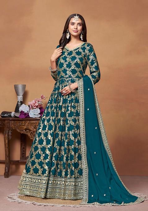 Blue Embroidered Dola Jacquard Anarkali Gown Set