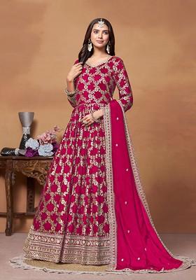 Pink Embroidered Dola Jacquard Anarkali Gown Set