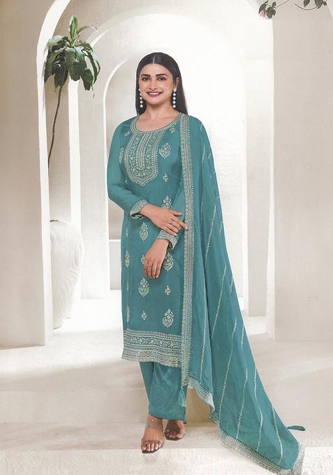 Blue Embroidered Organza Anarkali Gown Set