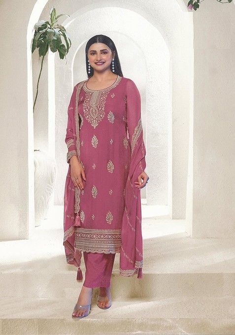 Pink Embroidered Organza Anarkali Gown Set