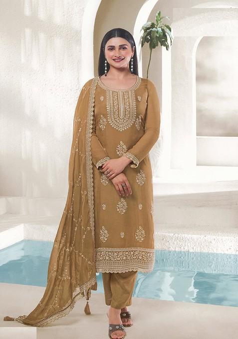 Mustard Embroidered Organza Anarkali Gown Set