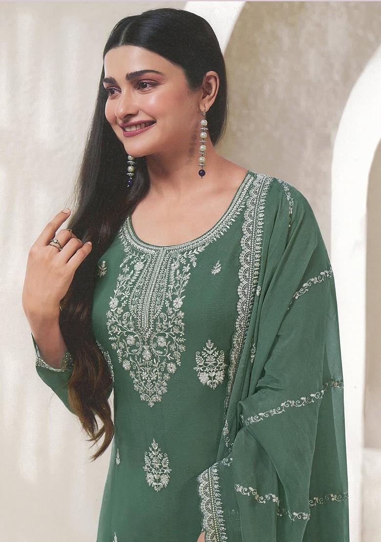 Green Embroidered Organza Anarkali Gown Set