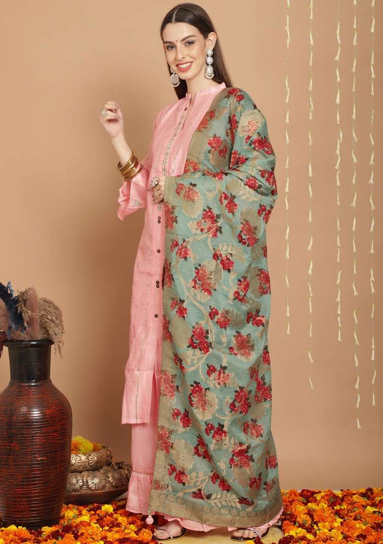 Pink Embroidered Tussar Silk Kurta Set - Indya