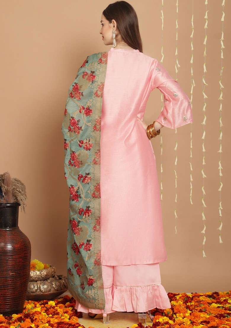 Pink Embroidered Tussar Silk Kurta Set - Indya